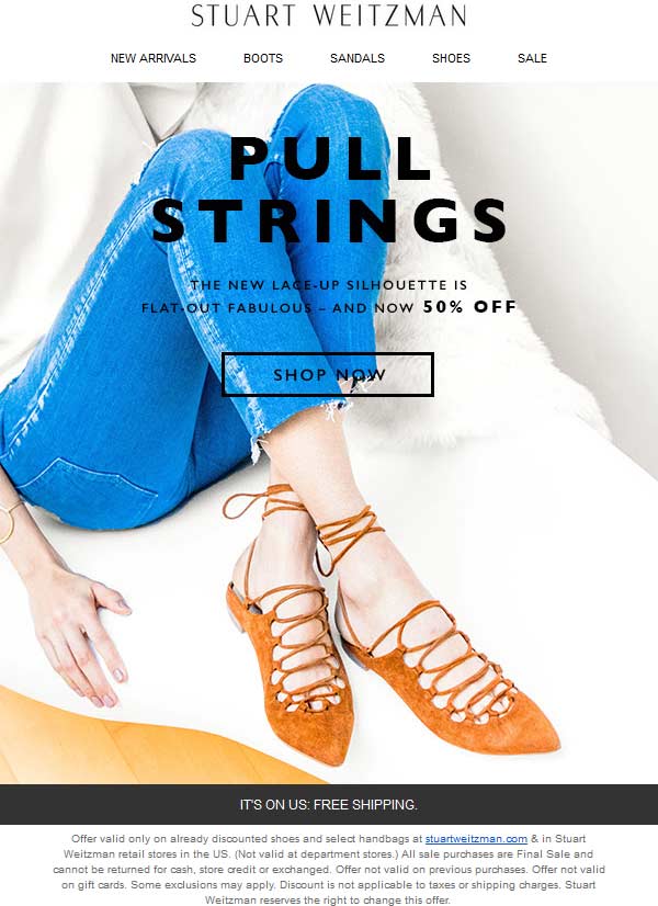 Stuart Weitzman Coupon March 2024 Extra 50% off sale shoes & bags at Stuart Weitzman, ditto online