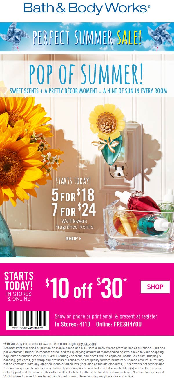 Bath & Body Works Coupon March 2024 $10 off $30 at Bath & Body Works, or online via promo code FRESH4YOU