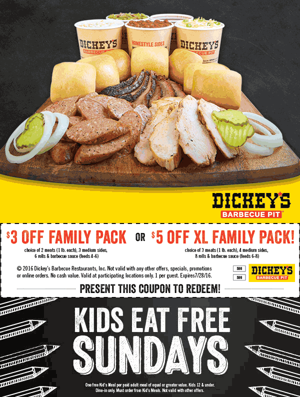 Dickeys Barbecue Pit Coupon April 2024 $3-$5 off a family pack at Dickeys Barbecue Pit restaurants