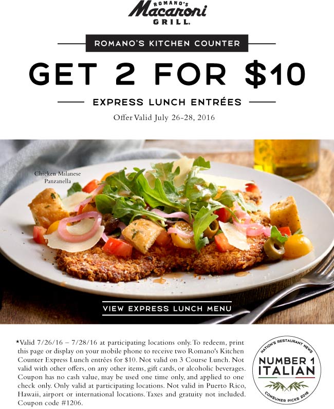 Macaroni Grill Coupon March 2024 Two lunches for $10 at Macaroni Grill