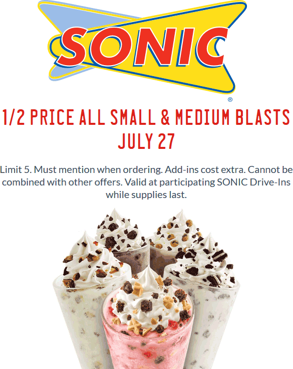 Sonic Drive-In Coupon April 2024 50% off blasts Wednesday at Sonic Drive-In