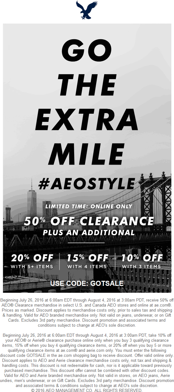 American Eagle Outfitters Coupon March 2024 50% & more off clearance online at American Eagle Outfitters via promo code GOTSALE