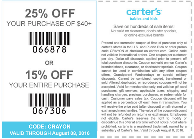Carters Coupon April 2024 15-20% off at Carters, or online via promo code CRAYON