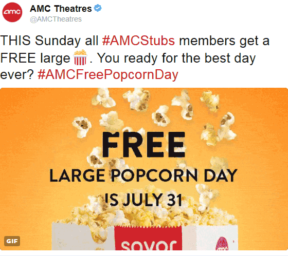 AMC Theatres Coupon April 2024 Stubs members get a free large popcorn Sunday at AMC Theatres