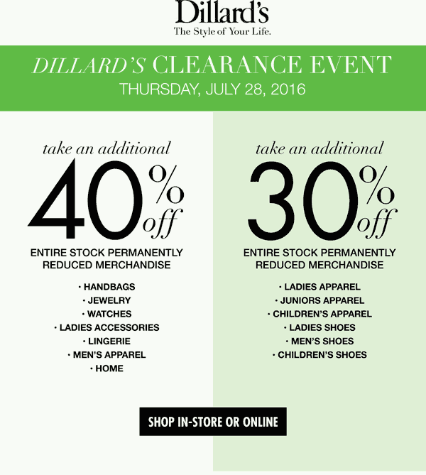 Dillards Coupon April 2024 Extra 30-40% off clearance today at Dillards, ditto online