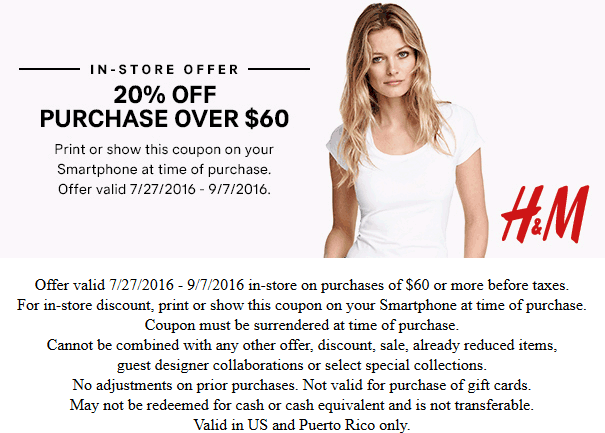 H&M Coupon March 2024 20% off $60 at H&M