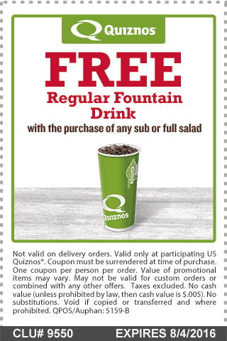 Quiznos Coupon April 2024 Free drink with your sub at Quiznos