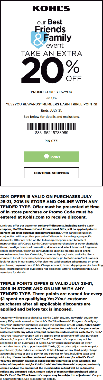 Kohls Coupon April 2024 Extra 20% off at Kohls, or online via promo code YES2YOU