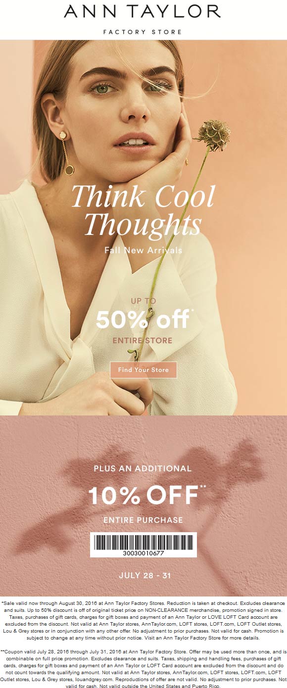Ann Taylor Factory Coupon April 2024 Extra 10-50% off everything at Ann Taylor Factory