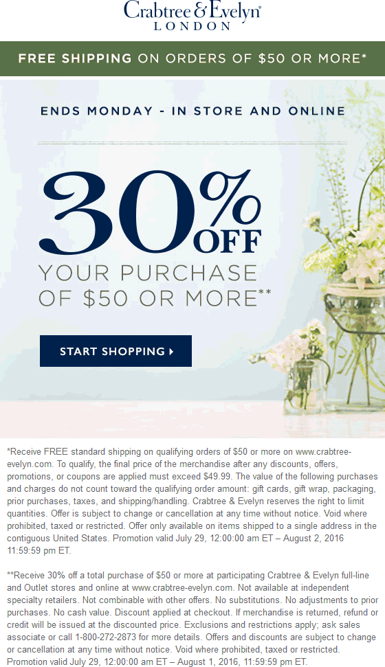 Crabtree & Evelyn Coupon March 2024 30% off $50 at Crabtree & Evelyn, ditto online