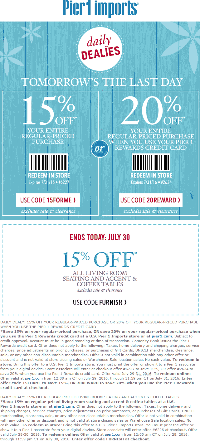 Pier 1 Coupon April 2024 15% off at Pier 1 Imports, or online via promo code 15FORME
