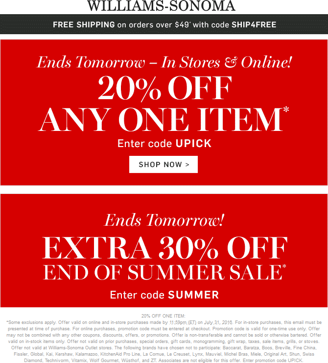 Williams-Sonoma Coupon April 2024 20% off a single item at Williams-Sonoma, or online via promo code UPICK