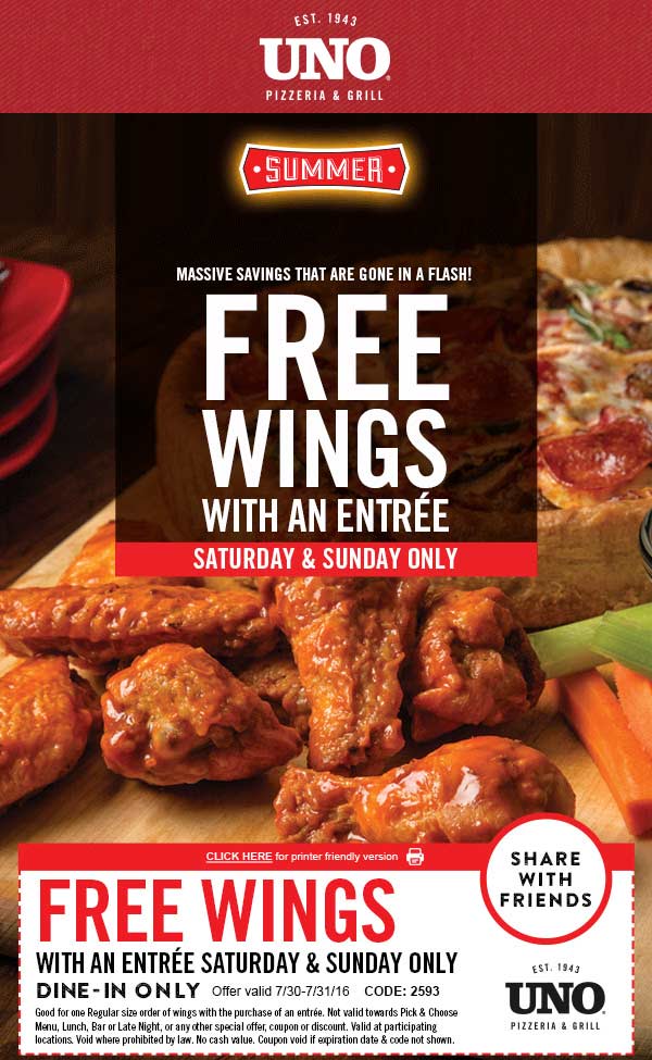 Uno Pizzeria Coupon April 2024 Free wings with your entree today at Uno Pizzeria