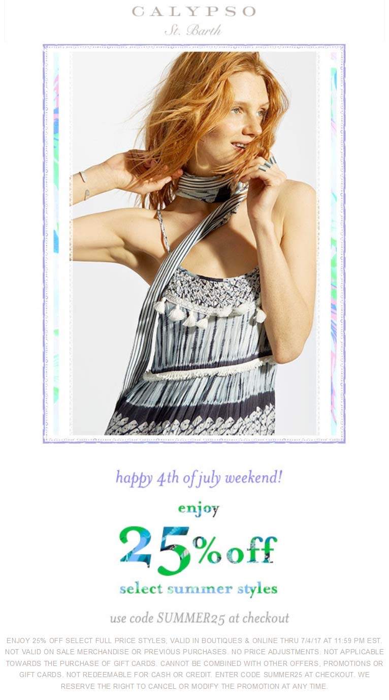 Calypso St. Barth Coupon April 2024 25% off summer styles at Calypso St. Barth, or online via promo code SUMMER25