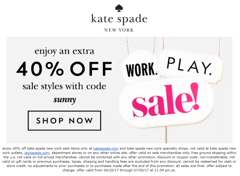 Kate Spade Coupon April 2024 Extra 40% off sale items at Kate Spade, or online via promo code SUNNY