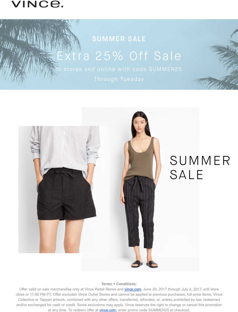 Vince Coupon April 2024 Extra 25% off at Vince, or online via promo code SUMMER25