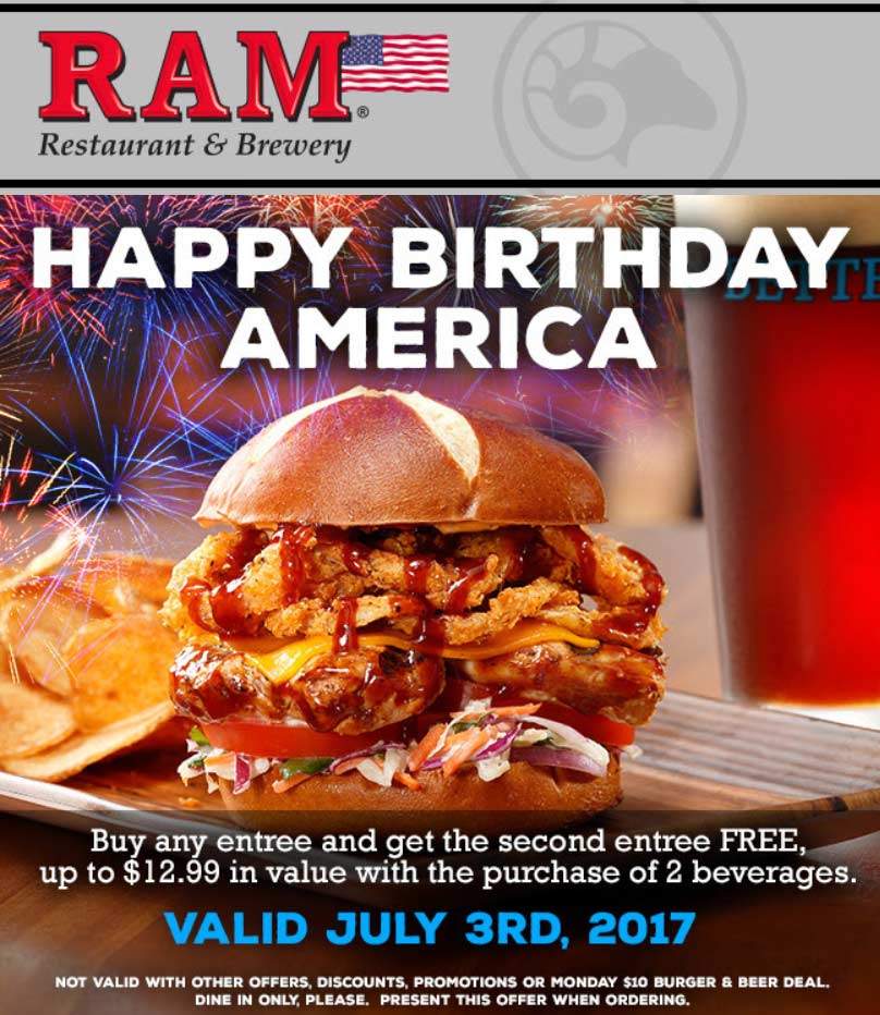 RAM Coupon April 2024 Second entree free today at RAM restaurant & brewery