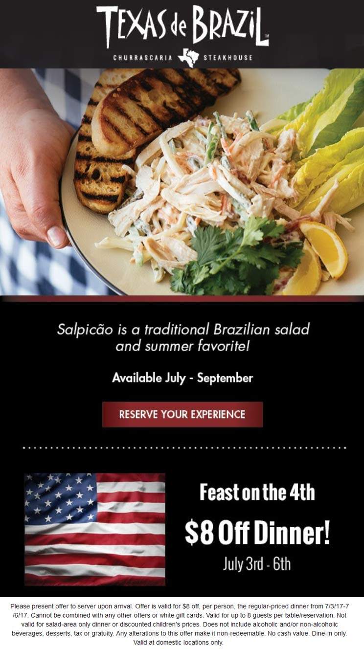 Texas de Brazil Coupon April 2024 $8 off dinner at Texas de Brazil restaurants