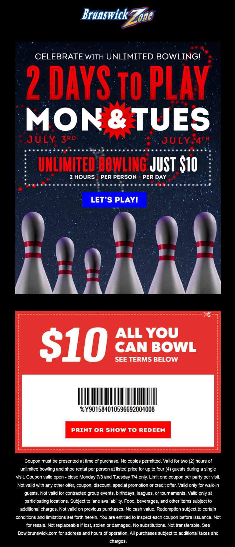 Brunswick Coupon April 2024 $10 unlimited bowling today at Brunswick