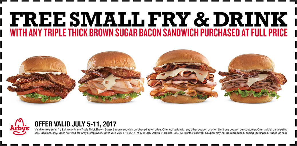 Arbys Coupon April 2024 Free fries & drink with your triple thick sandwich at Arbys