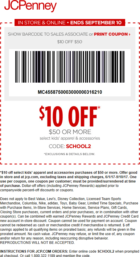 JCPenney Coupon April 2024 Kids is $10 off $50 at JCPenney, or online via promo code SCHOOL2