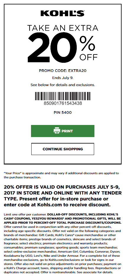 Kohls Coupon March 2024 Extra 20% off at Kohls, or online via promo code EXTRA20