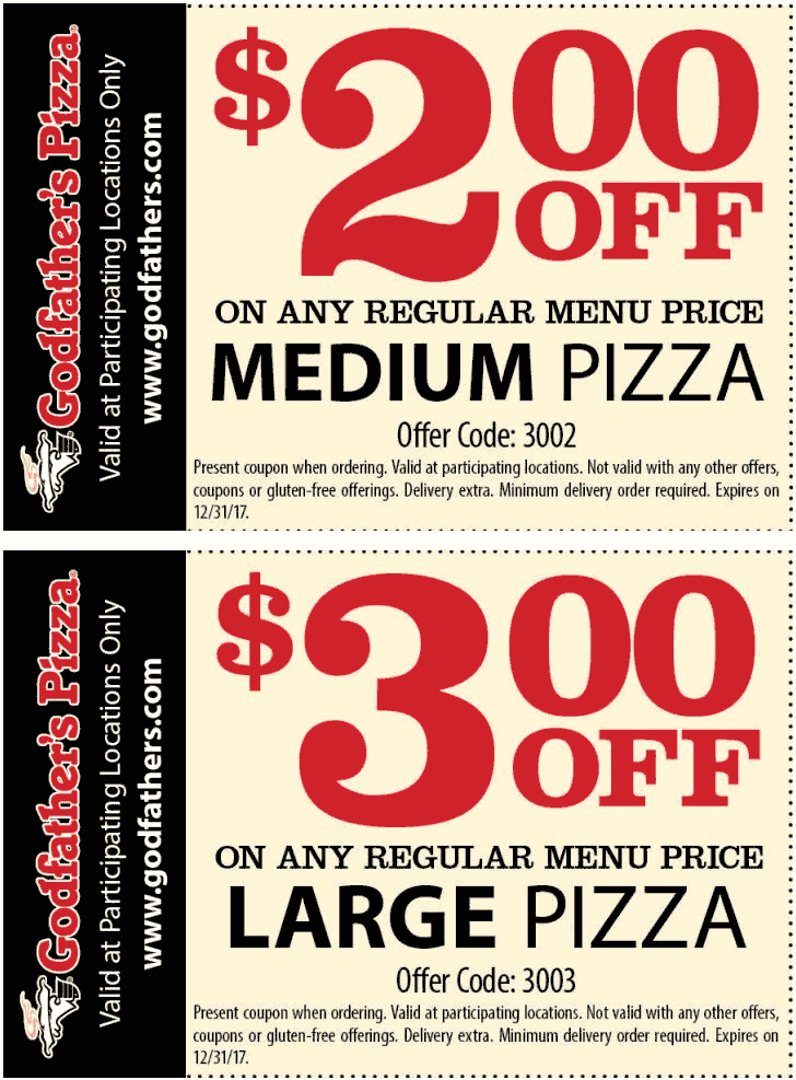 Godfathers Pizza Coupon April 2024 $2-$3 off a pizza at Godfathers Pizza