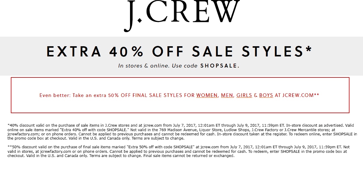 J.Crew Coupon March 2024 Extra 40% off sale items at J.Crew, or online via promo code SHOPSALE