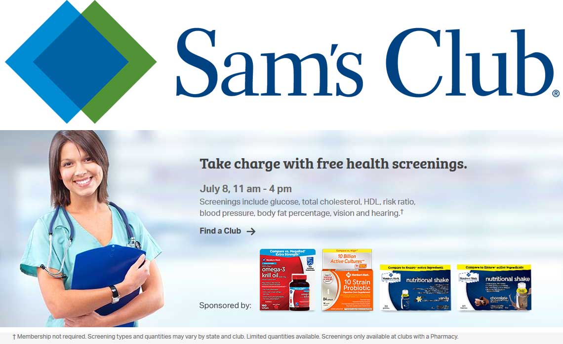 Sams Club Coupon April 2024 Free health screening today til 4p at Sams Club, no membership required