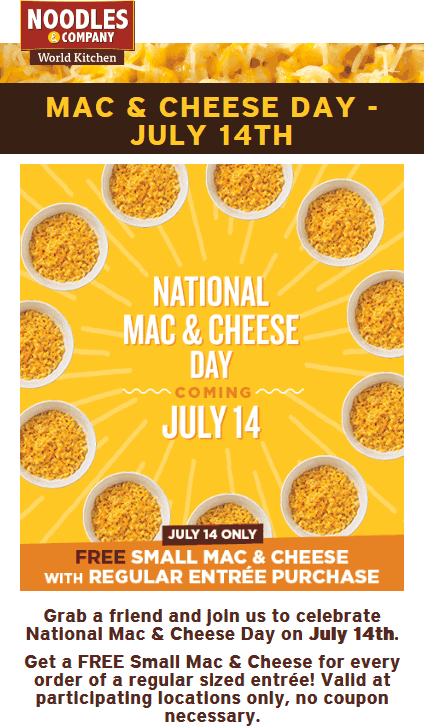 Noodles & Company Coupon April 2024 Free mac & cheese with your entree Friday at Noodles & Company
