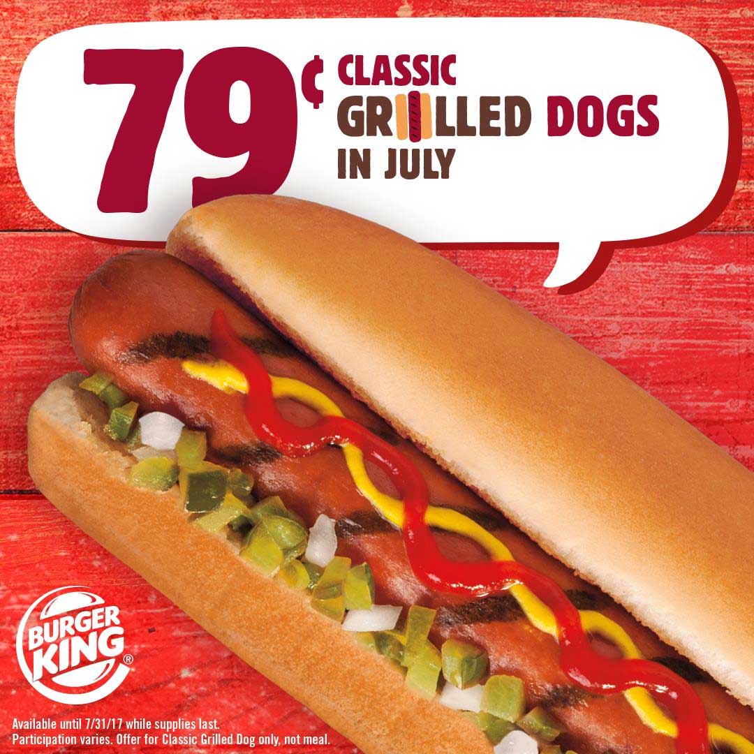 Burger King Coupon April 2024 .79 cent grilled hot dogs all month at Burger King