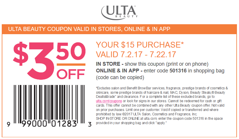 Ulta Beauty Coupon March 2024 $3 off $15 at Ulta Beauty, or online via promo code 501316