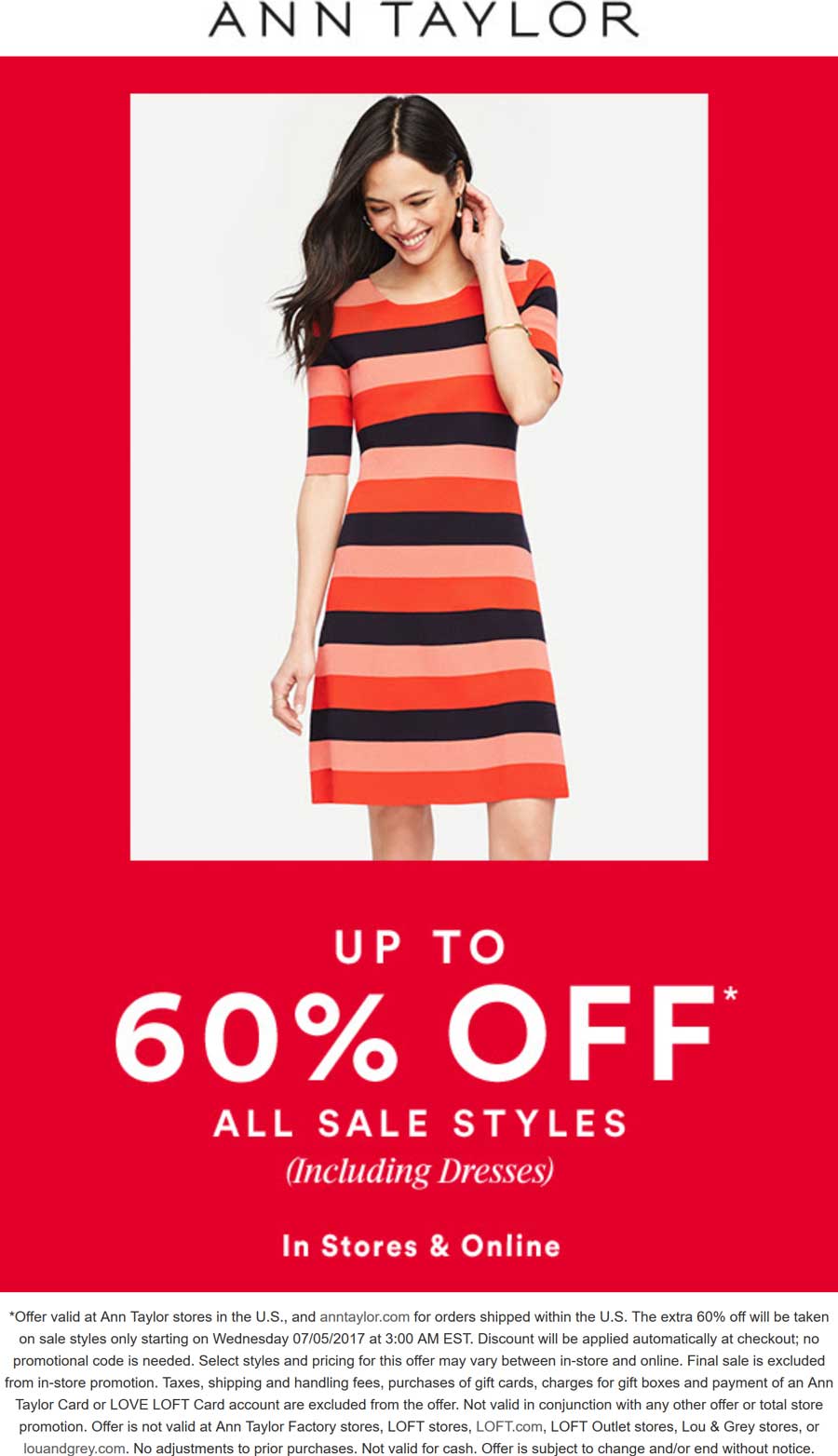 Ann Taylor Coupon April 2024 Extra 60% off sale items at Ann Taylor, ditto online