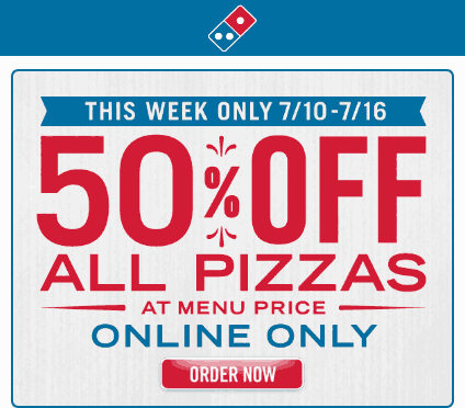 Dominos Coupon April 2024 50% off all pizzas online at Dominos, no code needed