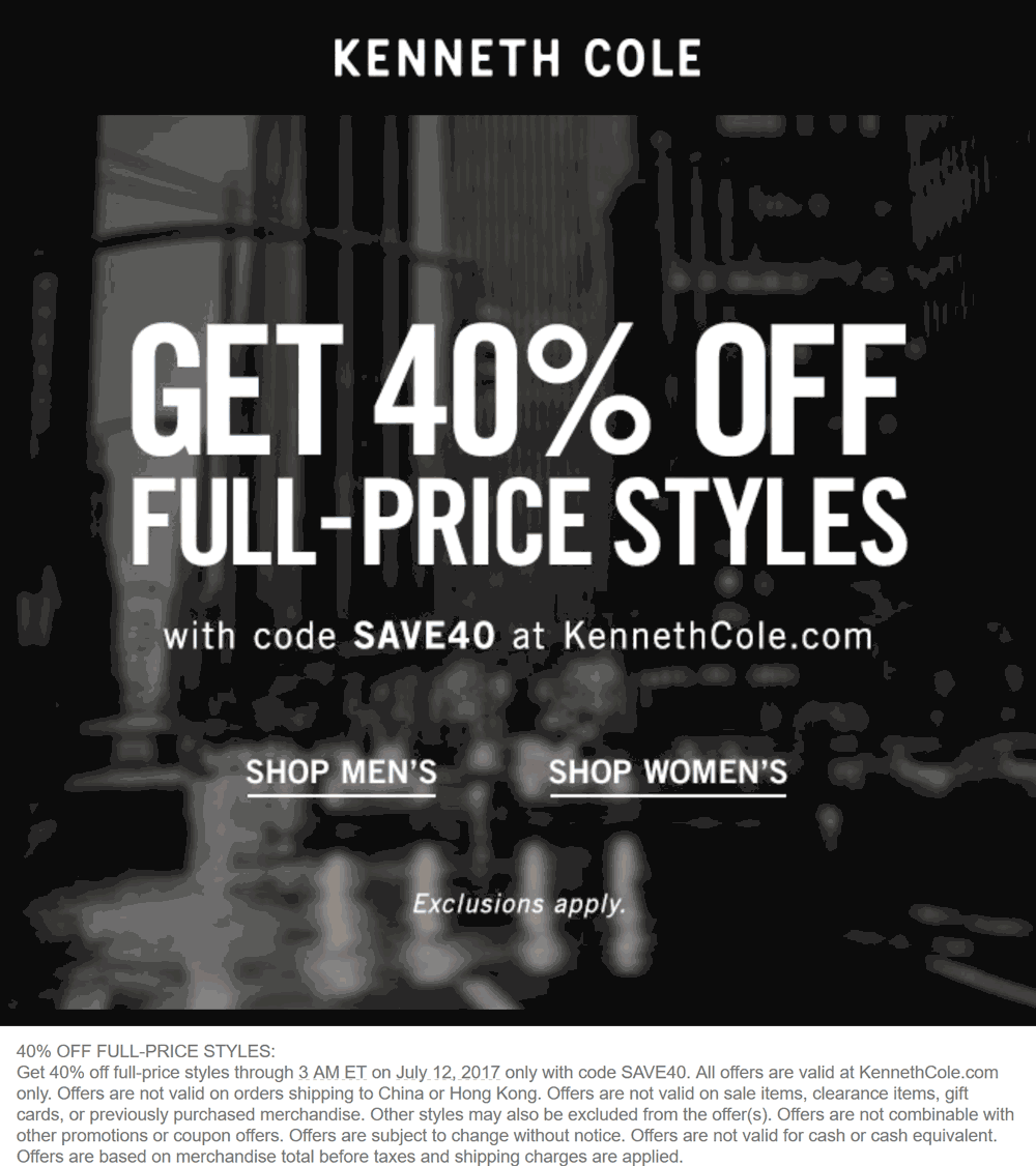 Kenneth Cole Coupon April 2024 40% off online today at Kenneth Cole via promo code SAVE40
