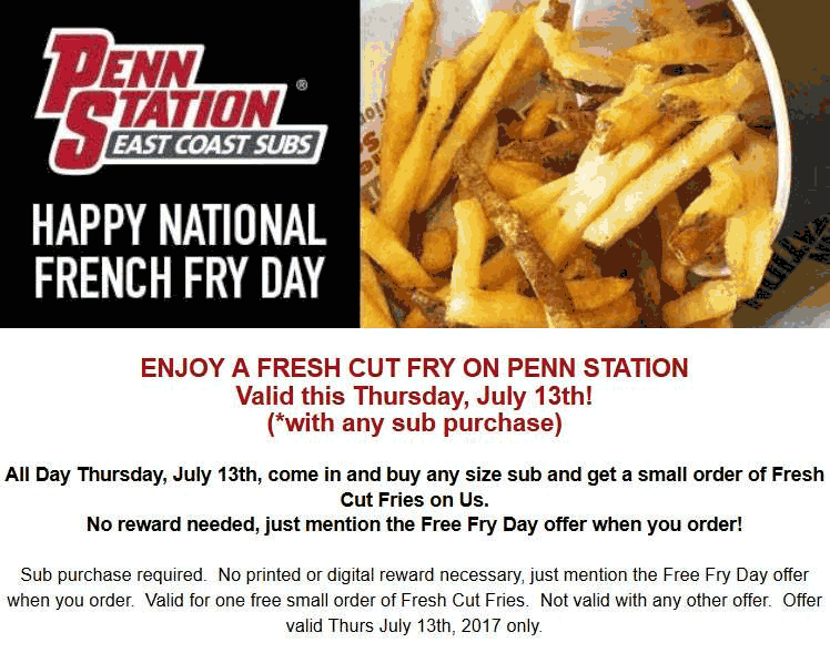 Penn Station Coupon April 2024 Free fries with your sub Thursday at Penn Station