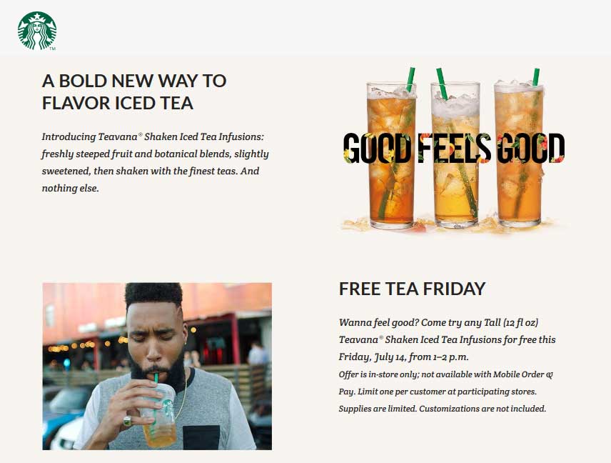 Starbucks Coupon April 2024 Free iced tea 1-2p Friday at Starbucks