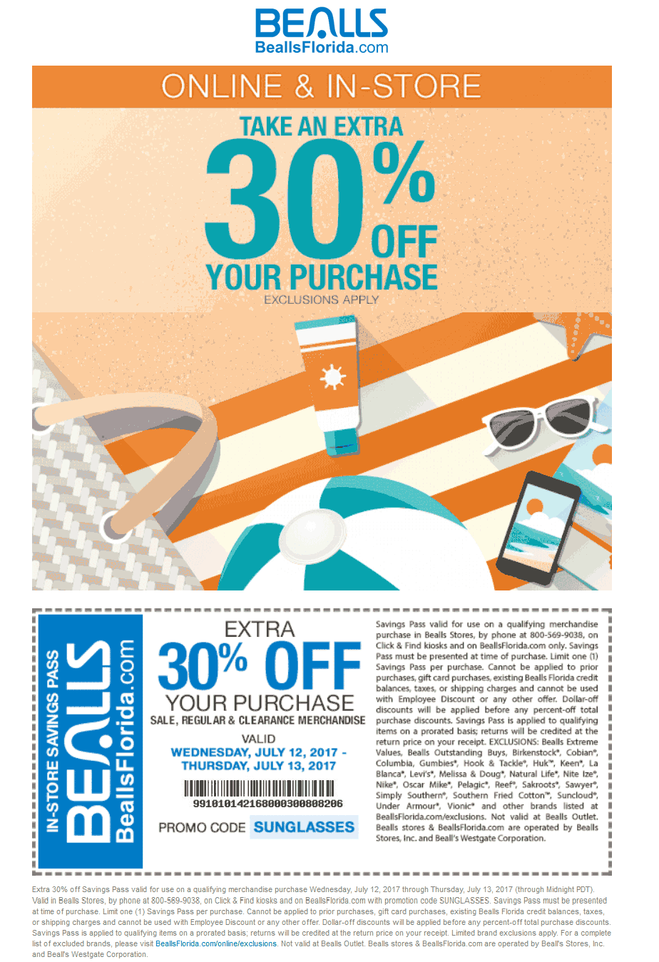 Bealls Coupon April 2024 Extra 30% off today at Bealls, or online via promo code SUNGLASSES