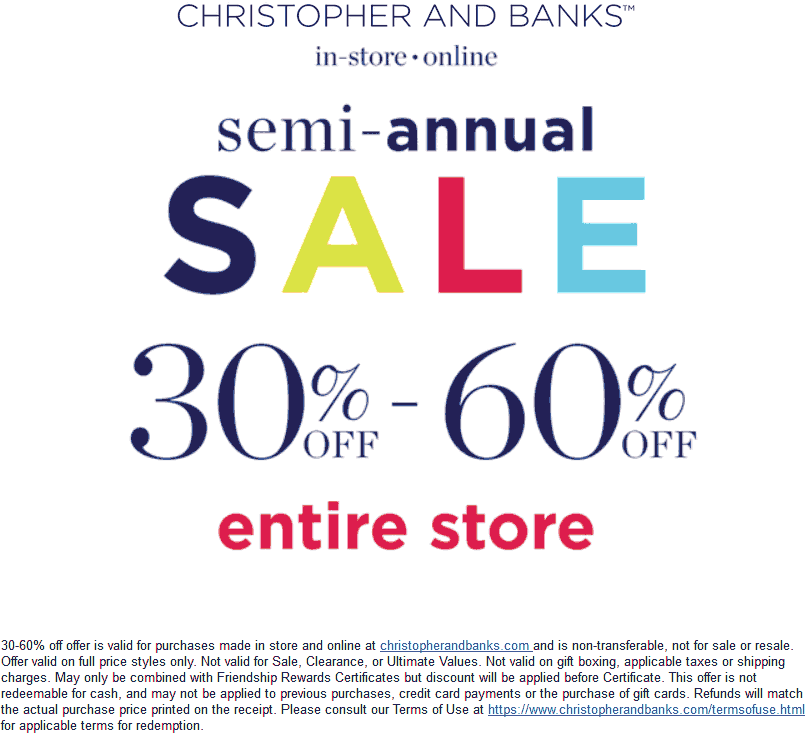 Christopher And Banks Coupon April 2024 Everything is 30-60% off at Christopher and Banks, ditto online