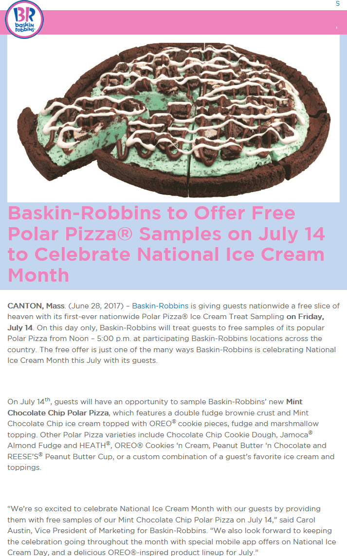 Baskin Robbins Coupon April 2024 Sample slices of polar pizza ice cream are free today at Baskin Robbins
