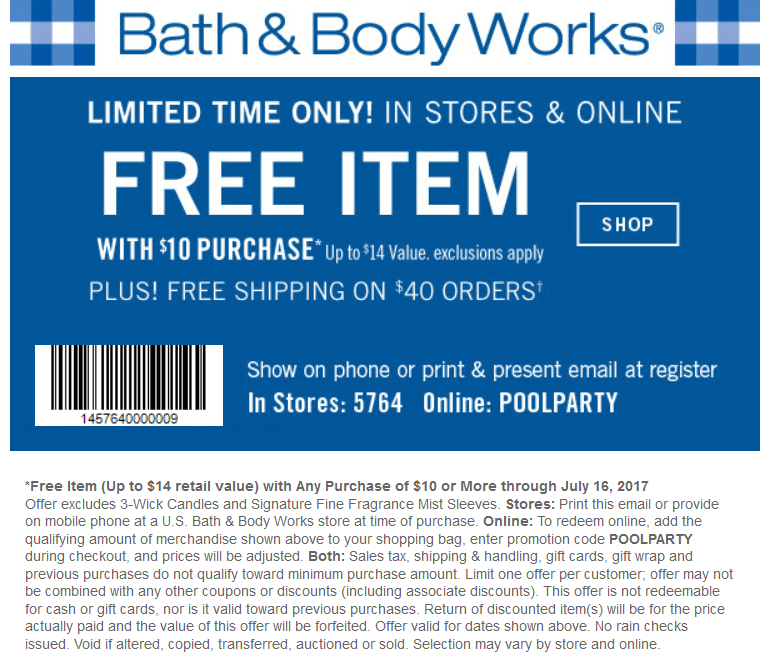 Bath & Body Works Coupon April 2024 $14 item free with $10 spent at Bath & Body Works, or online via promo code POOLPARTY