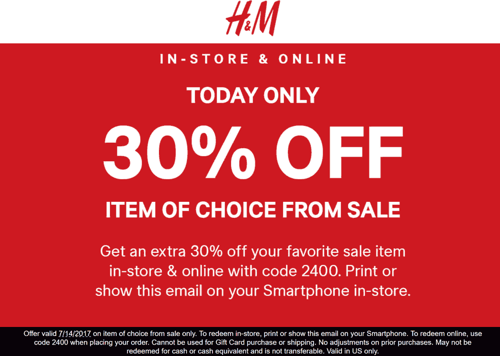 H&M Coupon April 2024 Extra 30% off a single sale item today at H&M, or online via promo code 2400