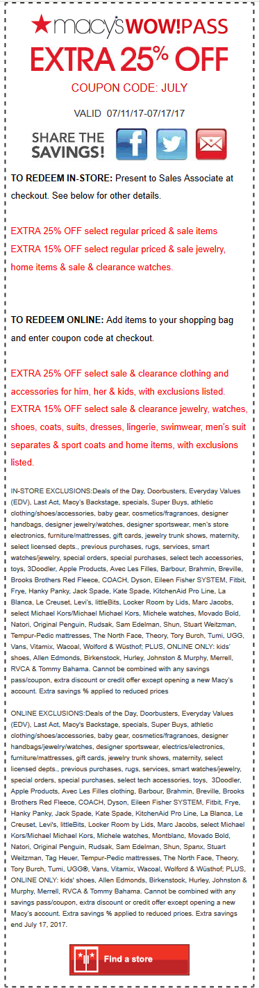 Macys Coupon April 2024 Extra 25% off at Macys, or online via promo code JULY