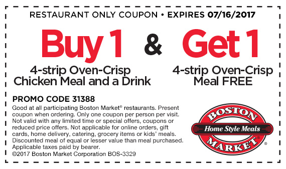 Boston Market Coupon March 2024 Second 4strip meal free at Boston Market