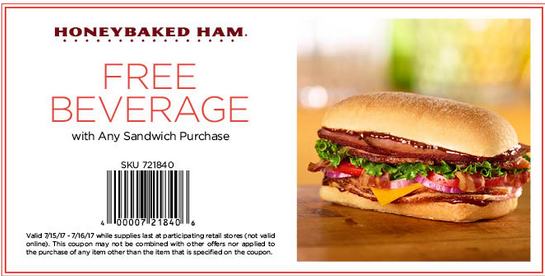 HoneyBaked Coupon April 2024 Free beverage with your sandwich at HoneyBaked Ham