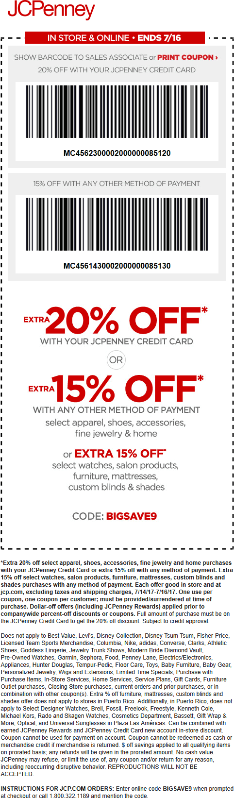 JCPenney Coupon April 2024 Extra 15% off at JCPenney, or online via promo code BIGSAVE9