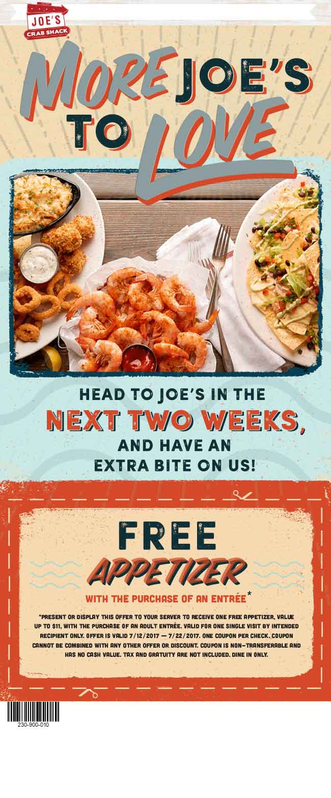 Joes Crab Shack Coupon April 2024 Free appetizer with your entree at Joes Crab Shack