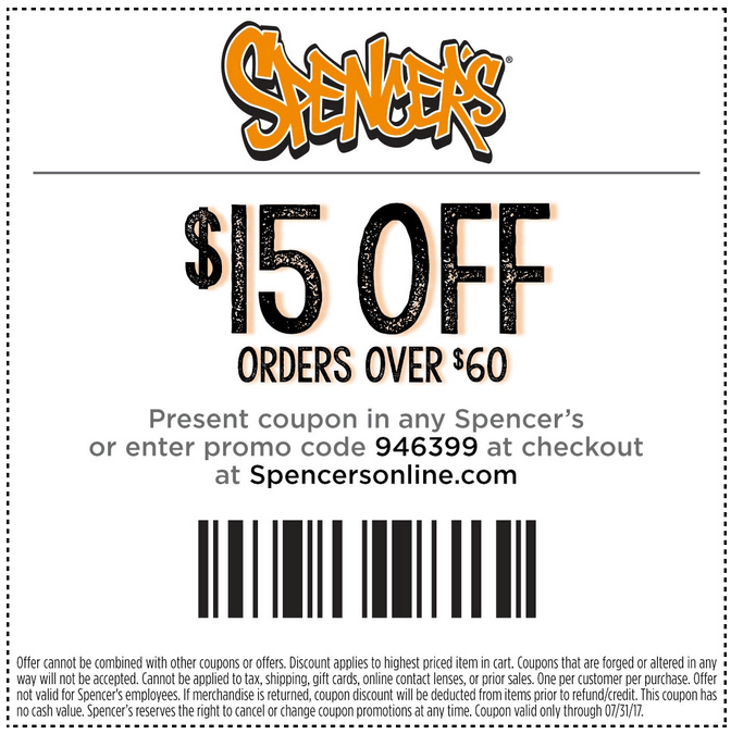 Spencers Coupon April 2024 $15 off $60 at Spencers, or online via promo code 946399