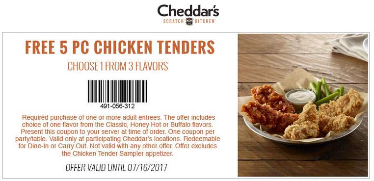 Cheddars Scratch Kitchen Coupon April 2024 5pc chicken tenders free with your entree today at Cheddars Scratch Kitchen