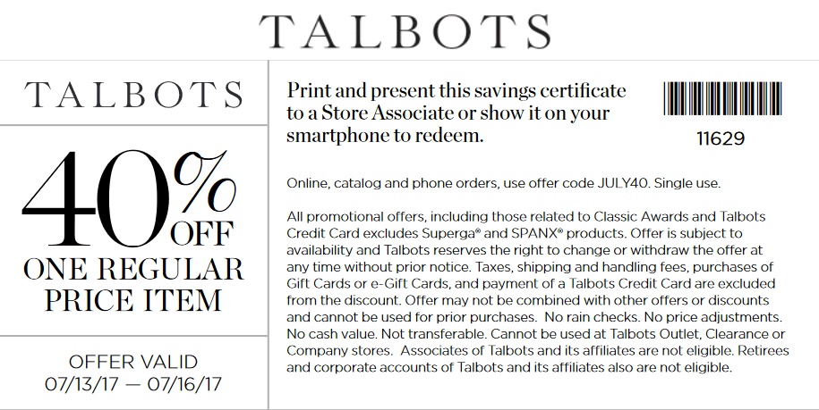 Talbots Coupon April 2024 40% off a single item today at Talbots, or online via promo code JULY40